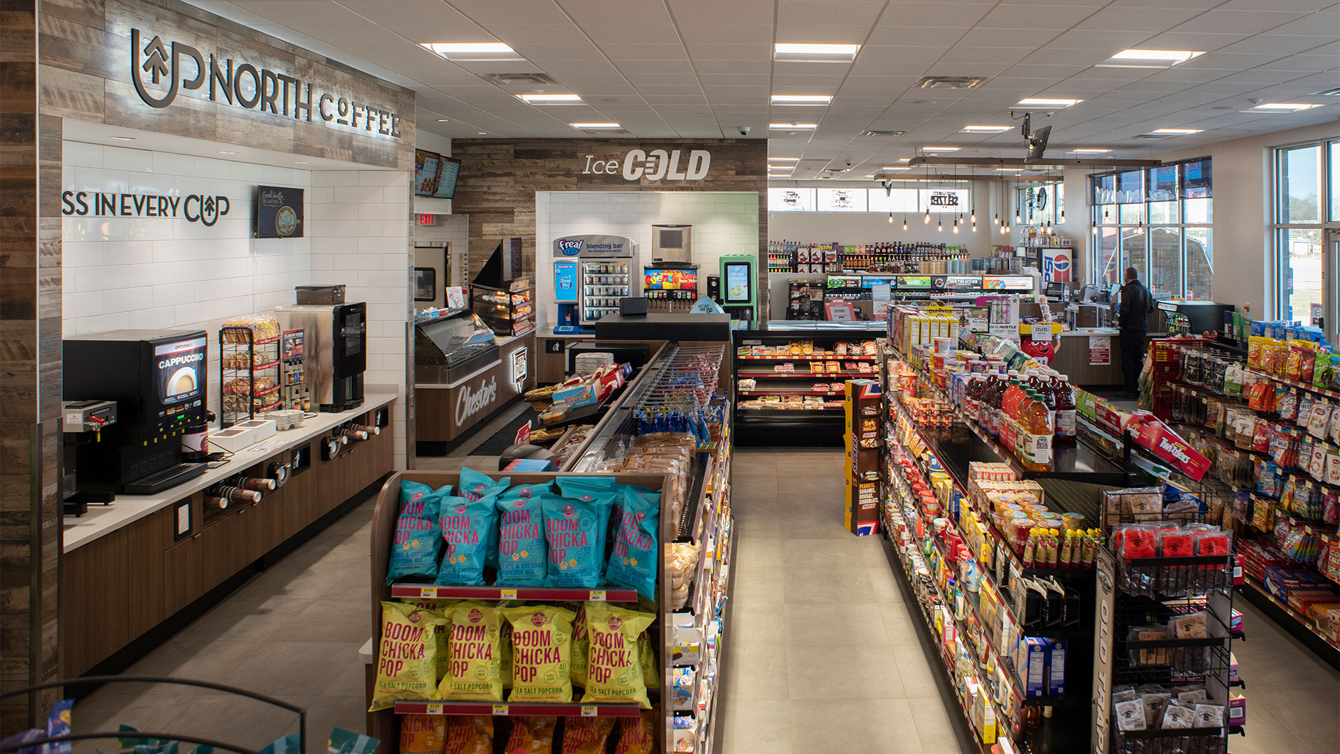 Coffee shop and snack shelves inside a Cenex store