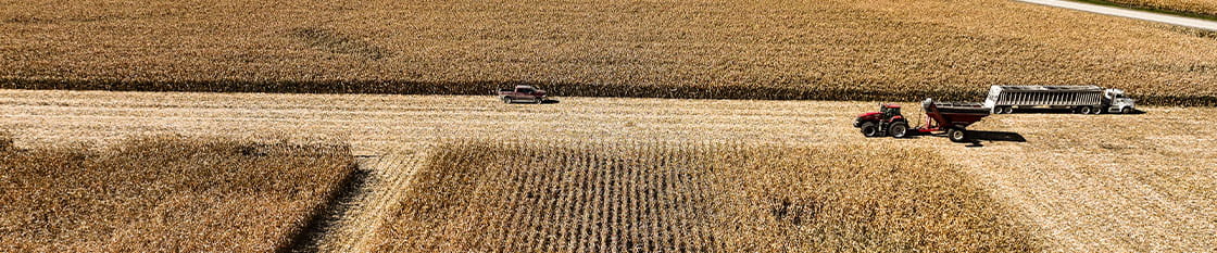 Pickup truck, tractor and semi in field during harvest