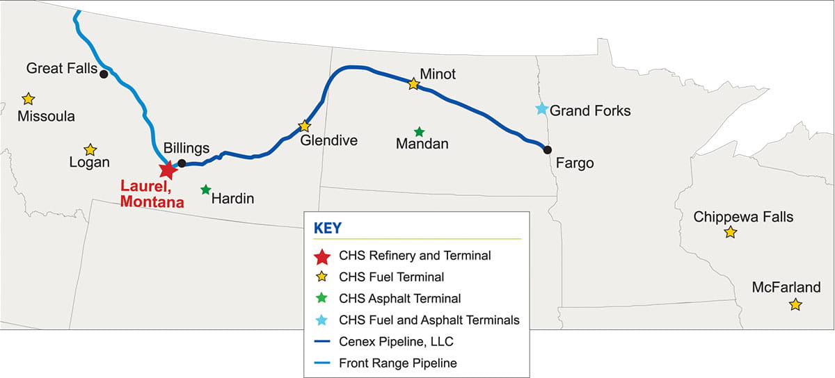 A map of the Cenex & Front Range Pipelines as well as the Laurel, Montana terminal