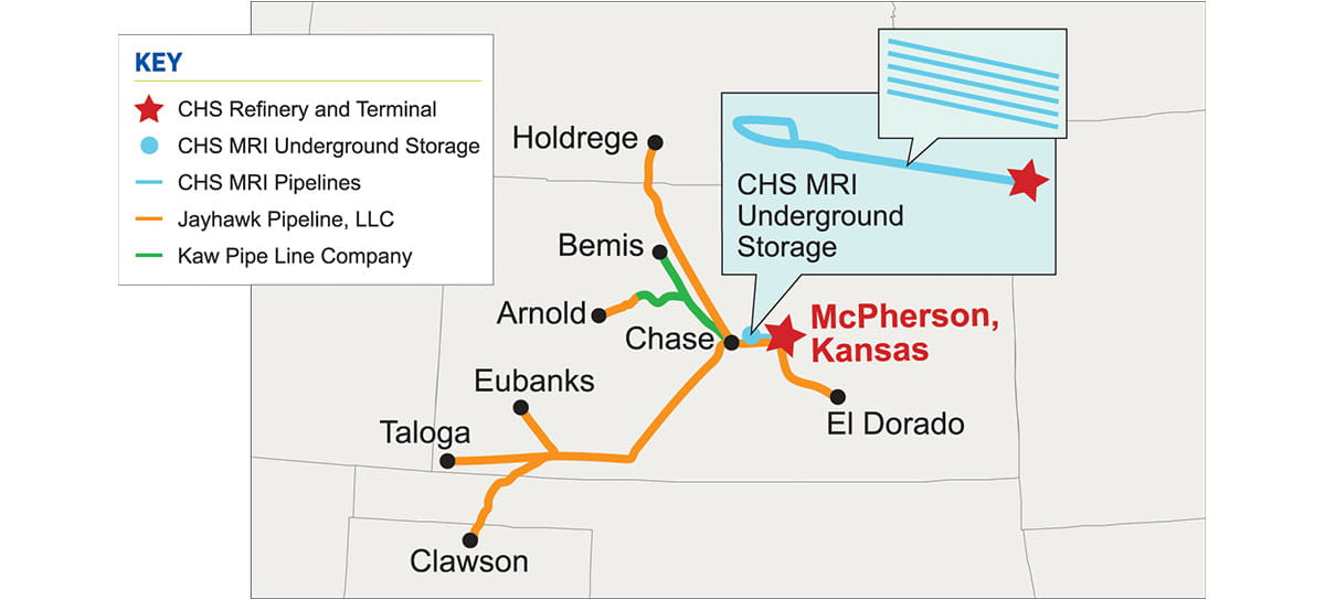 A map of the Jayhawk Pipeline & Kaw Pipe Lines as well as CHS MRI underground storage and the McPherson, Kansas terminal