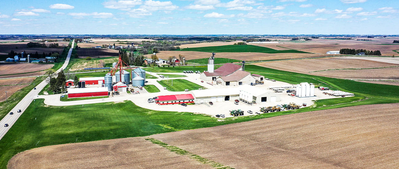 Aerial photo of agriculture cooperative in rural America
