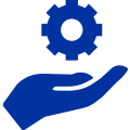 Dark blue hand holding a gear icon