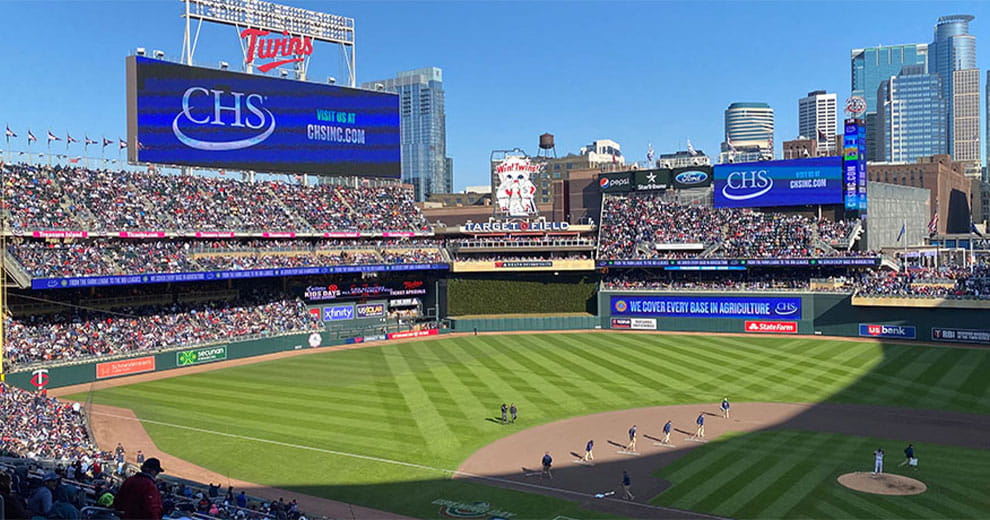Target Field, home of the Minnesota Twins featuring a CHS digital banner on the jumbotron