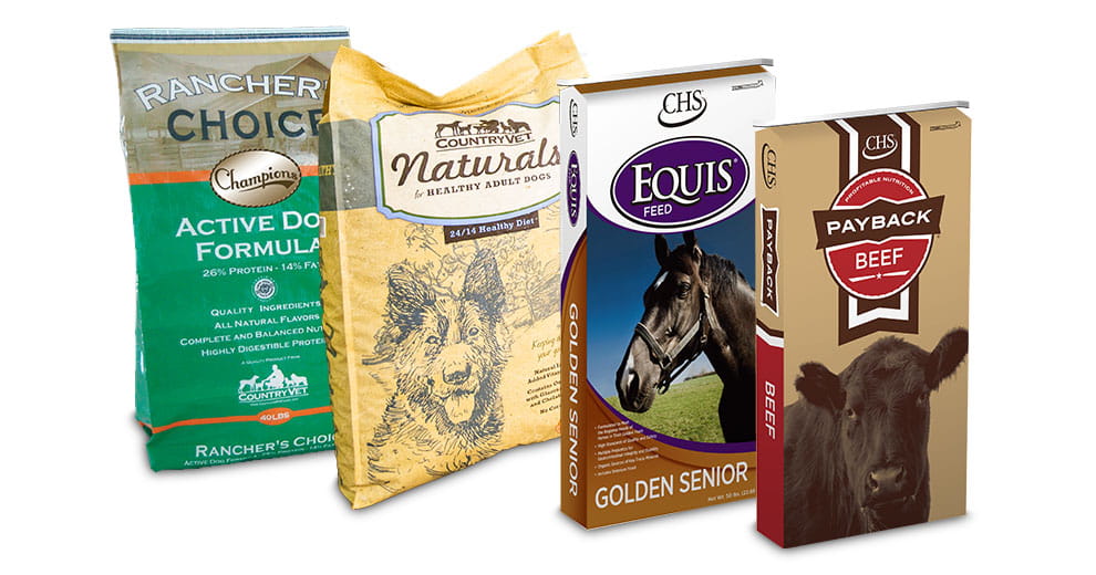 Rancher's Choice, Country Vet, Equis and Payback feed bags