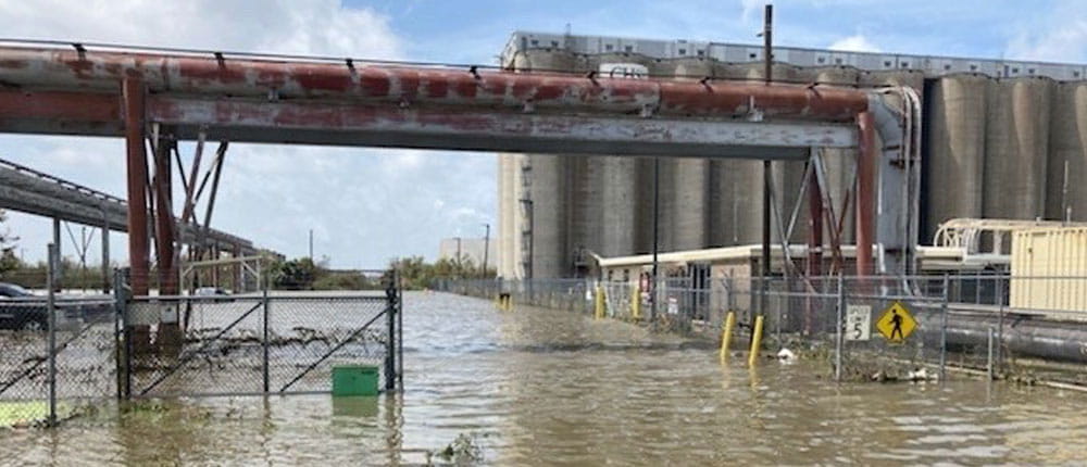 Hurricane Ida storm surge left 4 to 5 feet of standing water at the Myrtle Grove, La., grain export terminal.