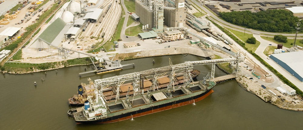 Cargo ship docked at TEMCO river terminal in Houston, Texas