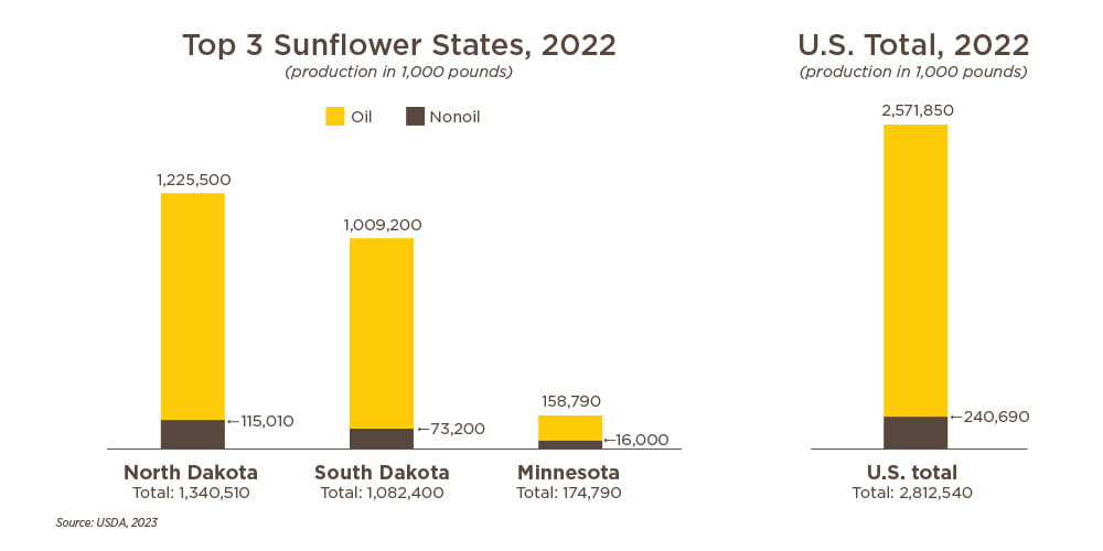 Bar chart showing top 3 states (North Dakota, South Dakota and Minnesota) that produce sunflowers and the U.S. total