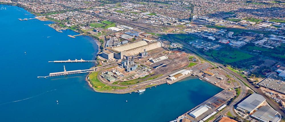 An aerial view of a vessel docked in the Port of Geelong, Victoria, Australia