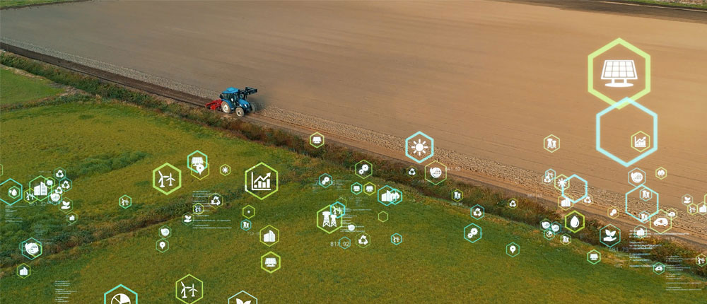 An aerial view of a tractor on a farm with digital and technical-looking clipart surrounding it.