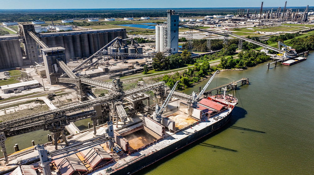 Cargo ship being loaded with soybean meal at a port